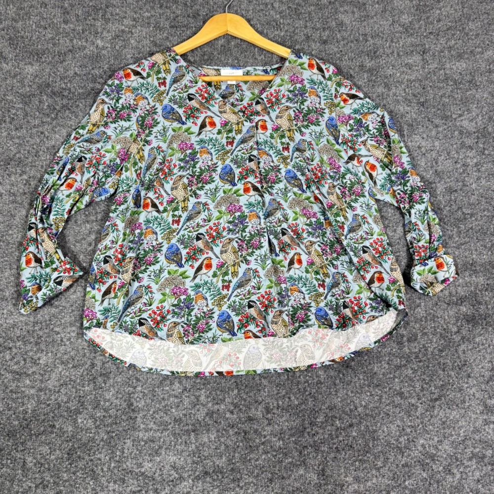 J.Jill Bird Print V-Neck Blouse Womens M Petite Blue Viscose GUC Top Shirt AOP